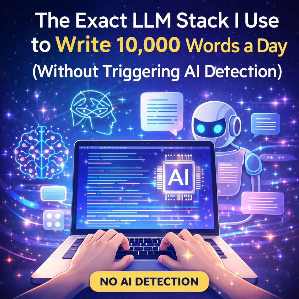 Workflow diagram showing an LLM stack used to generate 10000 words daily while avoiding AI detection