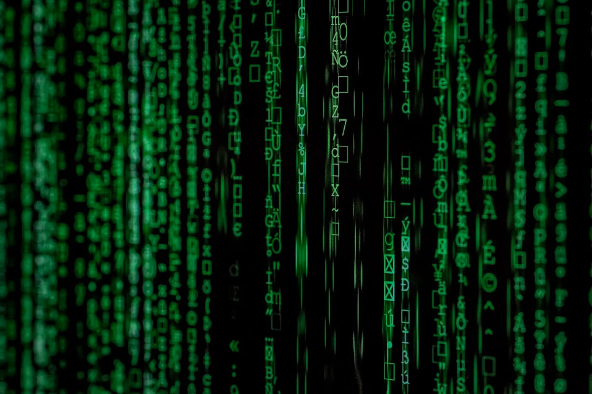 Digital data stream and AI neural network visualization representing LLM processing and language model output